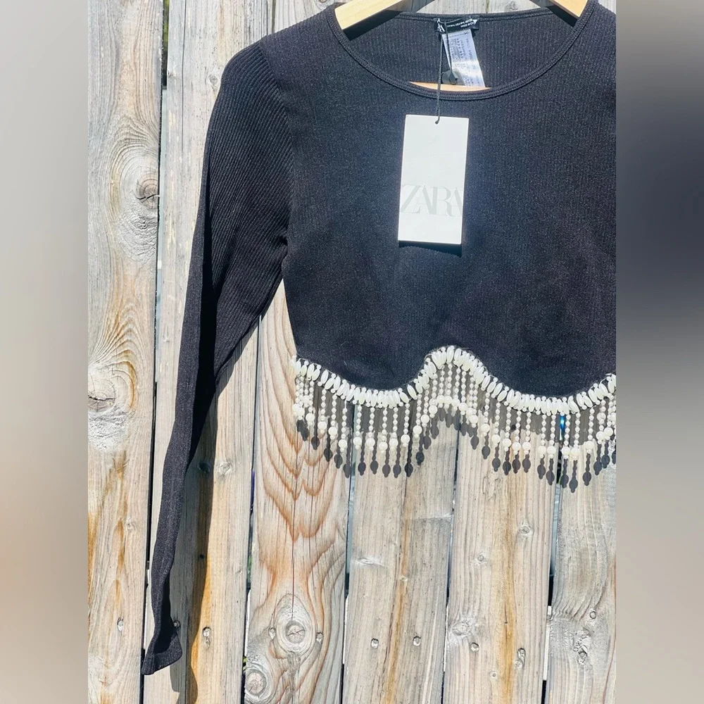Zara Jewel Detail Crop Top in black with a rhinestone fringe appliqué NWT